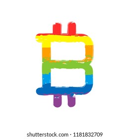 bitcoin symbol, simple icon. Drawing sign with LGBT style, seven colors of rainbow (red, orange, yellow, green, blue, indigo, violet