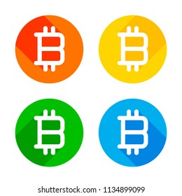 bitcoin symbol, simple icon. Flat white icon on colored circles background. Four different long shadows in each corners