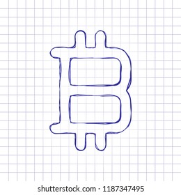 bitcoin symbol, simple icon. Hand drawn picture on paper sheet. Blue ink, outline sketch style. Doodle on checkered background