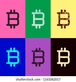 bitcoin symbol, simple icon. Pop art style. Scratched icons on 6 colour backgrounds. Seamless pattern