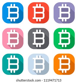bitcoin symbol, simple icon. Set of white icons on colored squares for applications. Seamless and pattern for poster