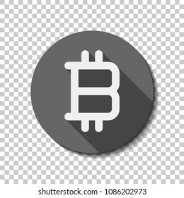 bitcoin symbol, simple icon. White flat icon with long shadow in circle on transparent background. Badge or sticker style