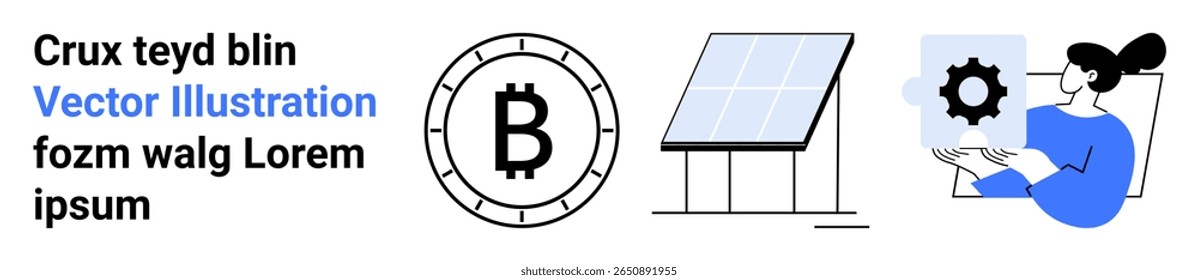 Símbolo Bitcoin, painel solar, mulher com engrenagem representam criptomoeda, energia renovável, colaboração e avanços tecnológicos. Ideal para energia financeira e sustentável, trabalho em equipe, indústria