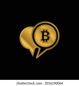 Símbolo de bitcoin en una burbuja de voz icono metálico chapado en oro o vector de logotipo