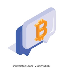 Un símbolo de bitcoin en las burbujas de discurso que denota el concepto de icono isométrico del chat de criptomonedas