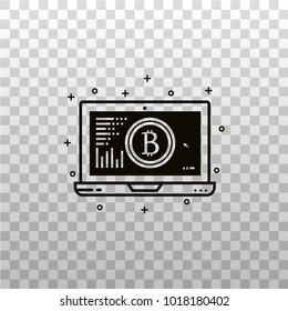 Bitcoin symbol with statistic diagrams and columns on a laptop screen - black silhouette. Personal computer with bit coin sign illustration. Cryptocurrency virtual and digital money template. 