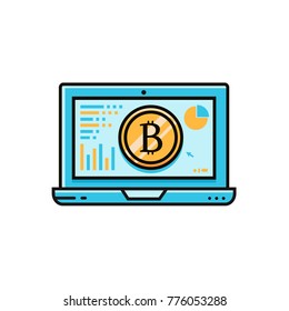 Bitcoin symbol with statistic diagrams and columns on a laptop screen - flat color line icon. Personal computer with bit coin sign illustration. Cryptocurrency virtual and digital money template. 