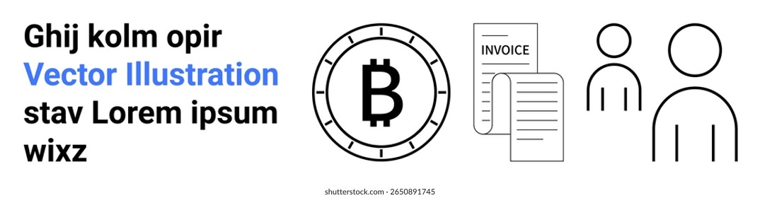 Símbolo Bitcoin circundado por linhas circulares, duas faturas marcadas como FATURA e dois ícones de usuário. Ideal para finanças, criptomoeda, blockchain, contabilidade, faturamento, gerenciamento de usuários, web design moderno