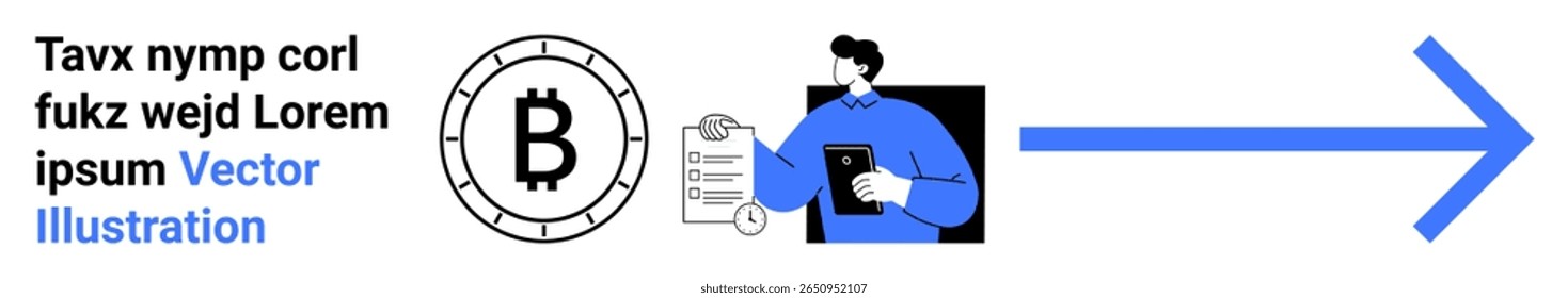Símbolo Bitcoin com texto ao redor, uma pessoa segurando uma área de transferência e uma seta grande. Ideal para criptomoeda, finanças digitais, blockchain, investimentos, tecnologia, gerenciamento de dados, negócios