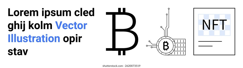 Símbolo Bitcoin, moeda vinculada a tecnologia e documento NFT. Ideal para aplicativos financeiros, sites blockchain, blogs fintech, guias de criptografia, mercados NFT, dicas de investimento, apresentações de start-ups. Página inicial
