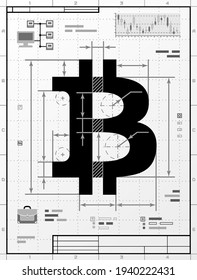 Bitcoin symbol as technical drawing. Stylized drafting of money sign with title block