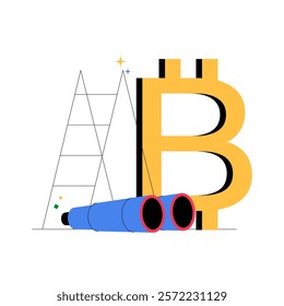 Bitcoin Symbol With Telescope And Ladder In Flat Vector Illustration Symbolizing Cryptocurrency Observation, Financial Exploration, And Digital Economy, Isolated On White Background.