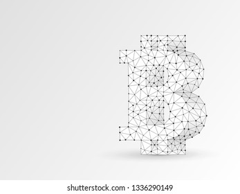 Bitcoin symbol wireframe digital 3d illustration. Low poly business, data cash, and finance concept with lines, dots, and starry sky on white background. Vector polygonal origami cryptocurrency sign
