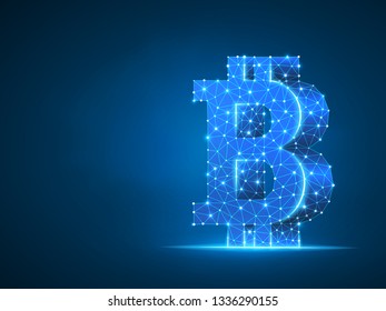 Bitcoin symbol wireframe digital 3d illustration. Low poly business, data cash, and finance concept with lines, dots, and starry sky on blue background. Vector polygonal neon cryptocurrency sign. RGB