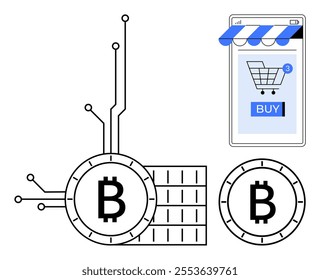 Bitcoin symbols with digital circuits beside a smartphone displaying a shopping cart icon and a buy button. Ideal for e-commerce, cryptocurrency, digital finance, online shopping, digital trading