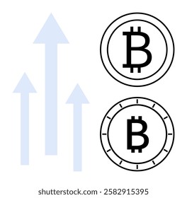 Bitcoin symbols illustrated in two styles beside vertical arrows signifying growth. Ideal for financial analyses, cryptocurrency trends, investment opportunities, blockchain technology, economic