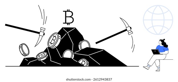 Bitcoin symbols on coins mined from rocks by pickaxes, person seated with laptop next to globe. Ideal for blockchain concepts, cryptocurrency education, digital economies, investment visuals, virtual