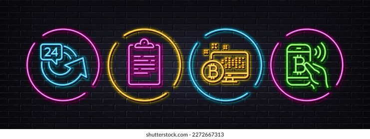 Sistema de bitcoin, Portapapeles e iconos de línea mínimos de 24 horas. Luces 3d láser neón. Iconos de pago de Bitcoin. Para web, aplicación, impresión. Monitor de criptografía, Documento de encuesta, Repetir. Vector