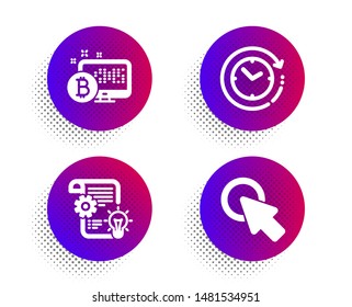 Bitcoin system, Cogwheel and Time change icons simple set. Halftone dots button. Click here sign. Cryptocurrency monitor, Idea bulb, Clock. Push button. Science set. Vector
