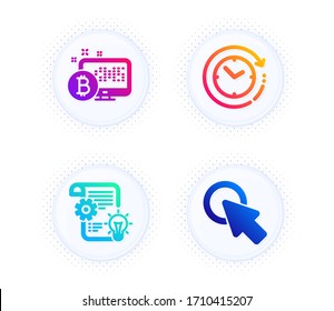 Bitcoin system, Cogwheel and Time change icons simple set. Button with halftone dots. Click here sign. Cryptocurrency monitor, Idea bulb, Clock. Push button. Science set. Vector