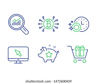 Bitcoin System, Data Analysis And Internet Line Icons Set. Dishwasher Timer, Loyalty Points And Shopping Cart Signs. Cryptocurrency Scheme, Magnifying Glass, Monitor With Cursor. Vector