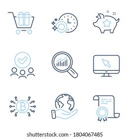 Bitcoin system, Data analysis and Internet line icons set. Diploma certificate, save planet, group of people. Dishwasher timer, Loyalty points and Shopping cart signs. Vector