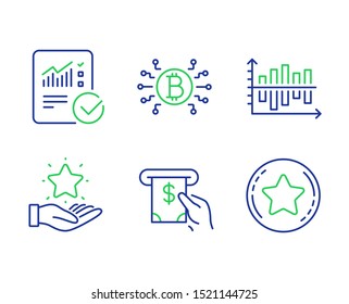 Bitcoin System, Diagram Chart And Loyalty Program Line Icons Set. Atm Service, Checked Calculation And Loyalty Star Signs. Cryptocurrency Scheme, Presentation Graph, Bonus Star. Vector