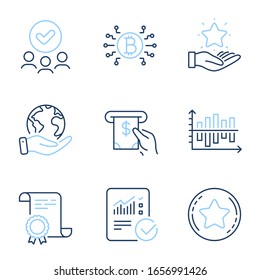 Bitcoin system, Diagram chart and Loyalty program line icons set. Diploma certificate, save planet, group of people. Atm service, Checked calculation and Loyalty star signs. Vector
