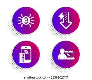 Bitcoin system, Energy drops and Contactless payment icons simple set. Halftone dots button. Online education sign. Cryptocurrency scheme, Power usage, Phone money. Internet lectures. Vector