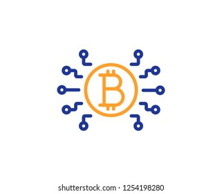 Bitcoin system line icon. Cryptocurrency scheme sign. Crypto money symbol. Colorful outline concept. Blue and orange thin line color Bitcoin system icon. Vector