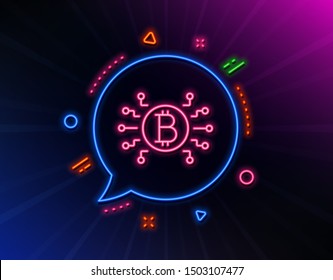 Bitcoin system line icon. Neon laser lights. Cryptocurrency scheme sign. Crypto money symbol. Glow laser speech bubble. Neon lights chat bubble. Banner badge with bitcoin system icon. Vector