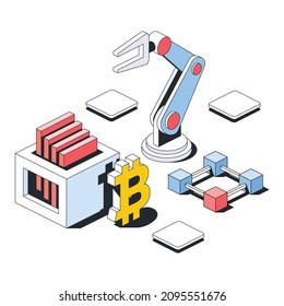 Bitcoin system network server, hand robot, cubes. Vector 3d line isometric, color web icons, new flat style. Creative illustration, design idea for infographics.