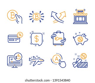 Bitcoin system, Payment message and Intersection arrows icons simple set. Piggy sale, Cashback and Airplane signs. Bitcoin pay, Ab testing and Like video symbols. Shop, Luggage and Sale. Vector