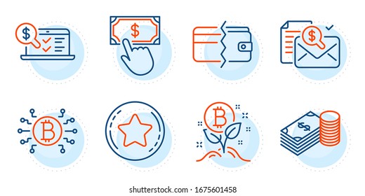 Bitcoin system, Savings and Loyalty star signs. Accounting report, Online accounting and Payment methods line icons set. Bitcoin project, Payment click symbols. Check finance, Web audit. Vector