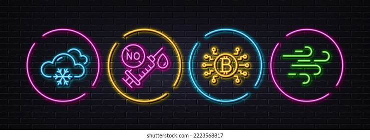 Bitcoin system, Snow weather and Coronavirus vaccine minimal line icons. Neon laser 3d lights. Windy weather icons. For web, application, printing. Cryptocurrency scheme, Snowflake, Syringe. Vector