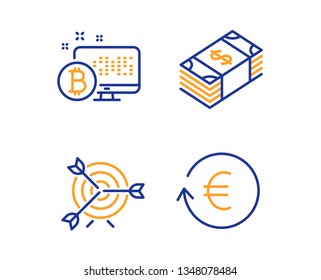 Bitcoin system, Target and Usd currency icons simple set. Exchange currency sign. Cryptocurrency monitor, Targeting, Buying commerce. Reshresh exchange rate. Finance set. Linear bitcoin system icon