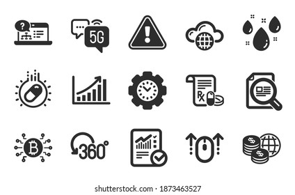 Bitcoin system, World money and Full rotation icons simple set. Capsule pill, Swipe up and Online help signs. Graph chart, Time management and Check article symbols. Flat icons set. Vector