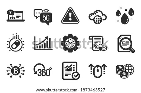 Bitcoin system, World money and Full rotation icons simple set. Capsule pill, Swipe up and Online help signs. Graph chart, Time management and Check article symbols. Flat icons set. Vector