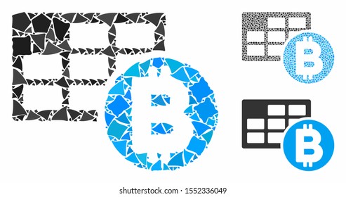 Bitcoin table composition of inequal parts in various sizes and color tones, based on Bitcoin table icon. Vector uneven parts are combined into composition.