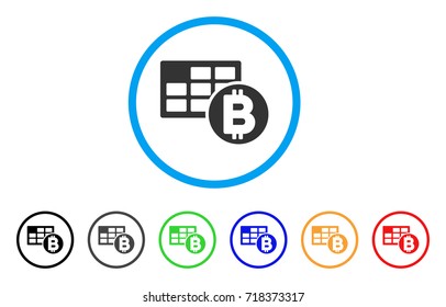 Bitcoin Table rounded icon. Style is a flat bitcoin table grey symbol inside light blue circle with black, gray, green, blue, red, orange variants. Vector designed for web and software interfaces.