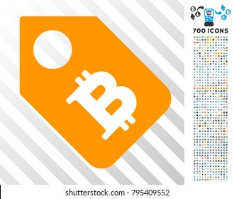 Bitcoin Tag icon with 7 hundred bonus bitcoin mining and blockchain pictographs. Vector illustration style is flat iconic symbols design for crypto currency apps.