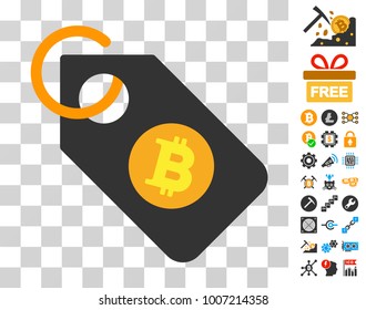 Bitcoin Tag icon with bonus bitcoin mining and blockchain clip art. Vector illustration style is flat iconic symbols. Designed for blockchain apps.