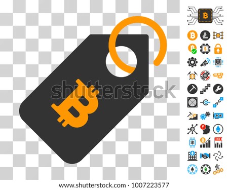 Bitcoin Tag icon with bonus bitcoin mining and blockchain icons. Vector illustration style is flat iconic symbols. Designed for bitcoin ui toolbars.