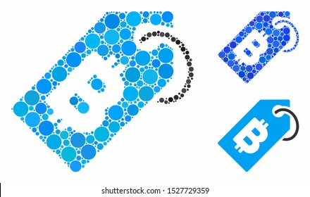 Bitcoin tag mosaic of small circles in different sizes and color tones, based on Bitcoin tag icon. Vector small circles are organized into blue collage.