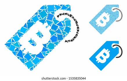 Bitcoin tag mosaic of unequal items in variable sizes and color tinges, based on Bitcoin tag icon. Vector unequal items are composed into mosaic. Bitcoin tag icons collage with dotted pattern.