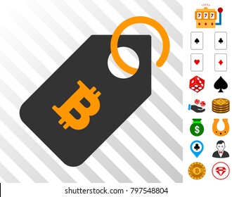 Bitcoin Tag pictograph with bonus gambling symbols. Vector illustration style is flat iconic symbols. Designed for casino gui.