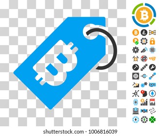 Bitcoin Tag pictograph with bonus bitcoin mining and blockchain pictures. Vector illustration style is flat iconic symbols. Designed for crypto-currency software.