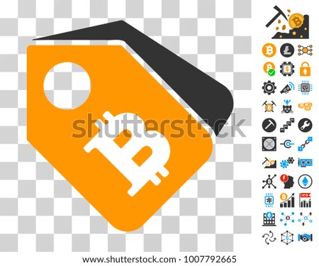 Bitcoin Tags pictograph with bonus bitcoin mining and blockchain graphic icons. Vector illustration style is flat iconic symbols. Designed for crypto currency ui toolbars.