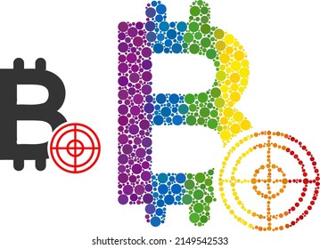 Bitcoin target collage icon of round dots in various sizes and spectrum colored color tones. A dotted LGBT-colored bitcoin target for lesbians, gays, bisexuals, and transgenders.