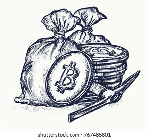 Bitcoin tattoo and t-shirt design. Cryptocurrency mining symbol 